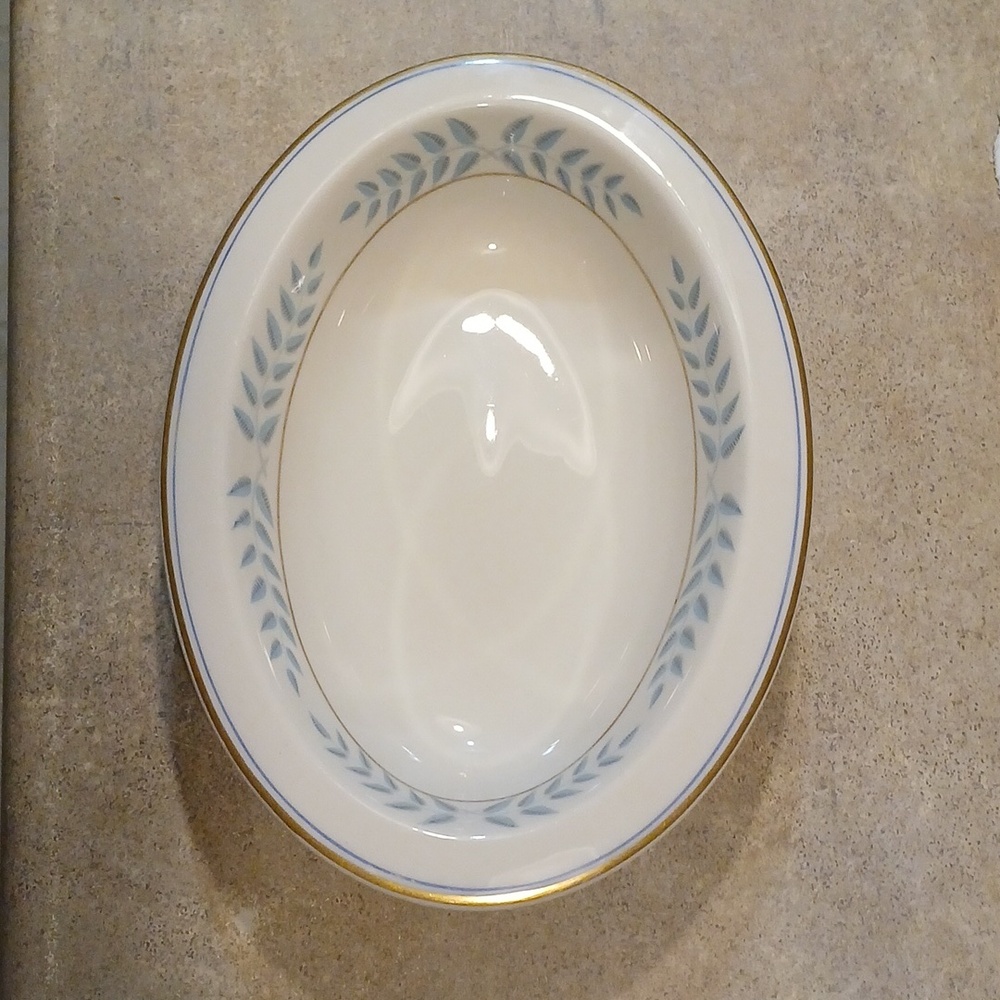 Ivory Oval Serving Bowl with Blue Leaf Motif and Gold Trim